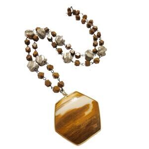 Vintage Natural Stone Necklace with Large Calcite Octagon Medallion Pendant